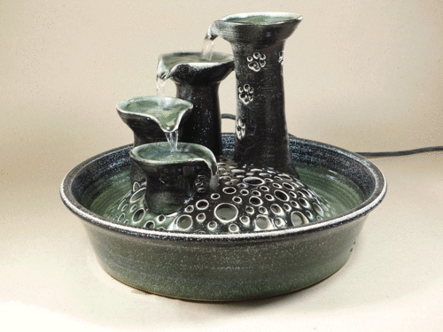 4er-Katzen-Kaskaden-Brunnen ohne Licht,moosgrün-schwarz, glänzend