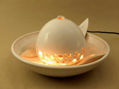 Katzen-Brunnen mit Licht, einschalig, weiß, glänzend